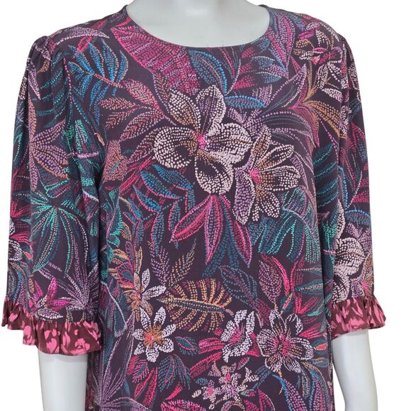 Johnny Was Jade Alicante L 100% Silk Dress XL Tunic Mini Ruffled Purple Tropical - Picture 2 of 9